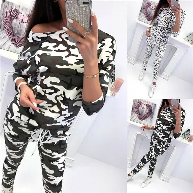 

hirigin Autumn 2pcs Women Tracksuit Printed Long Sleeve Hoodies Sweatshirt Pants Set Sport Jogging Wear Casual Suit