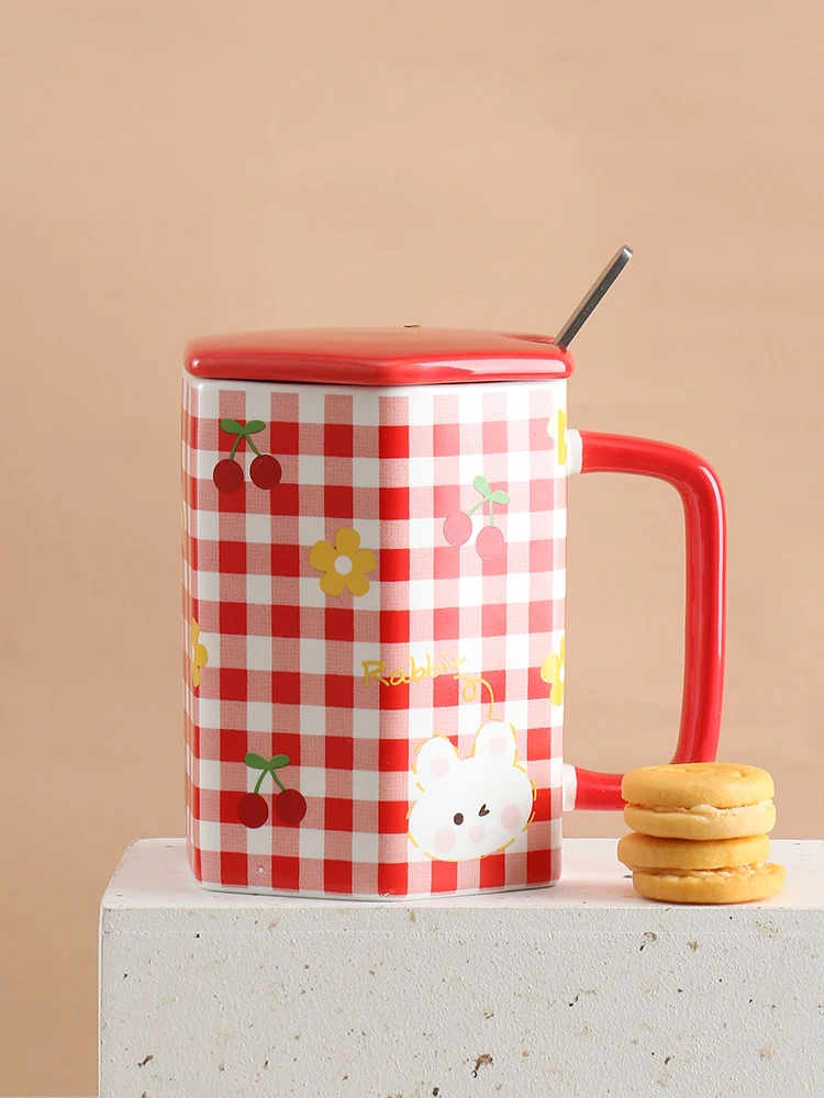 

Creative Mug Cute Red Girl Ceramic Water Cup Cartoon Office Student Coffee Cup With Lid Spoon Breakfast
