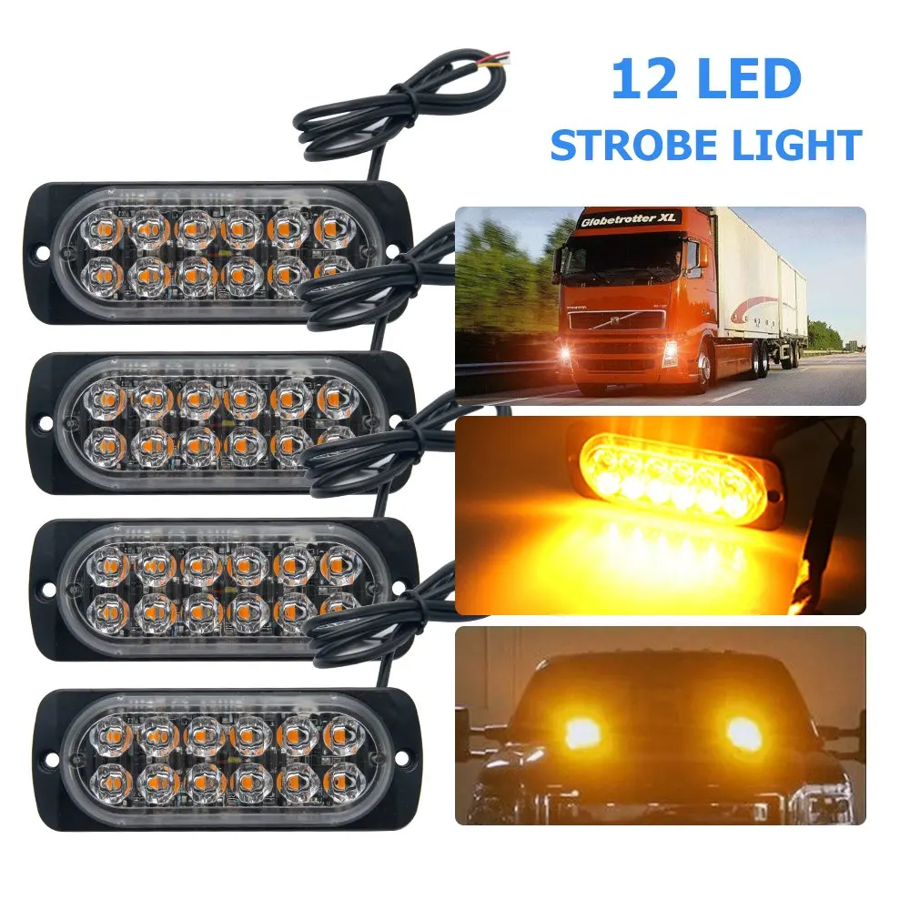 4pcs 12led Car Truck Strobe Warning Light 12-24v Universal