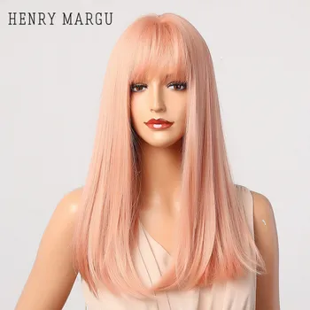 

HENRY MARGU Light Pink Long Straight Wigs Synthetic Natural Wigs With Bangs For Women Party Cosplay Wigs Heat Resistant fiber