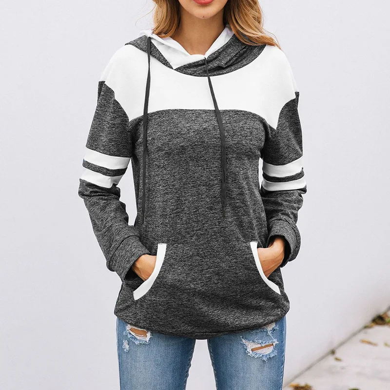01 Dark Gray ELSVIOS, осенне-зимняя толстовка с капюшоном, женские Лоскутные толстовки с длинным рукавом, топы на завязках, джемпер, женские пуловеры с карманами, 5XL - Цвет: 01 Dark Gray