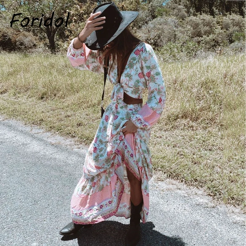 

Foridol Floral Print Bohemian Summer Dress Sets Women Two Pieces Boho Lantern Sleeve Bowknot Long Dress Suits 2021 Summer