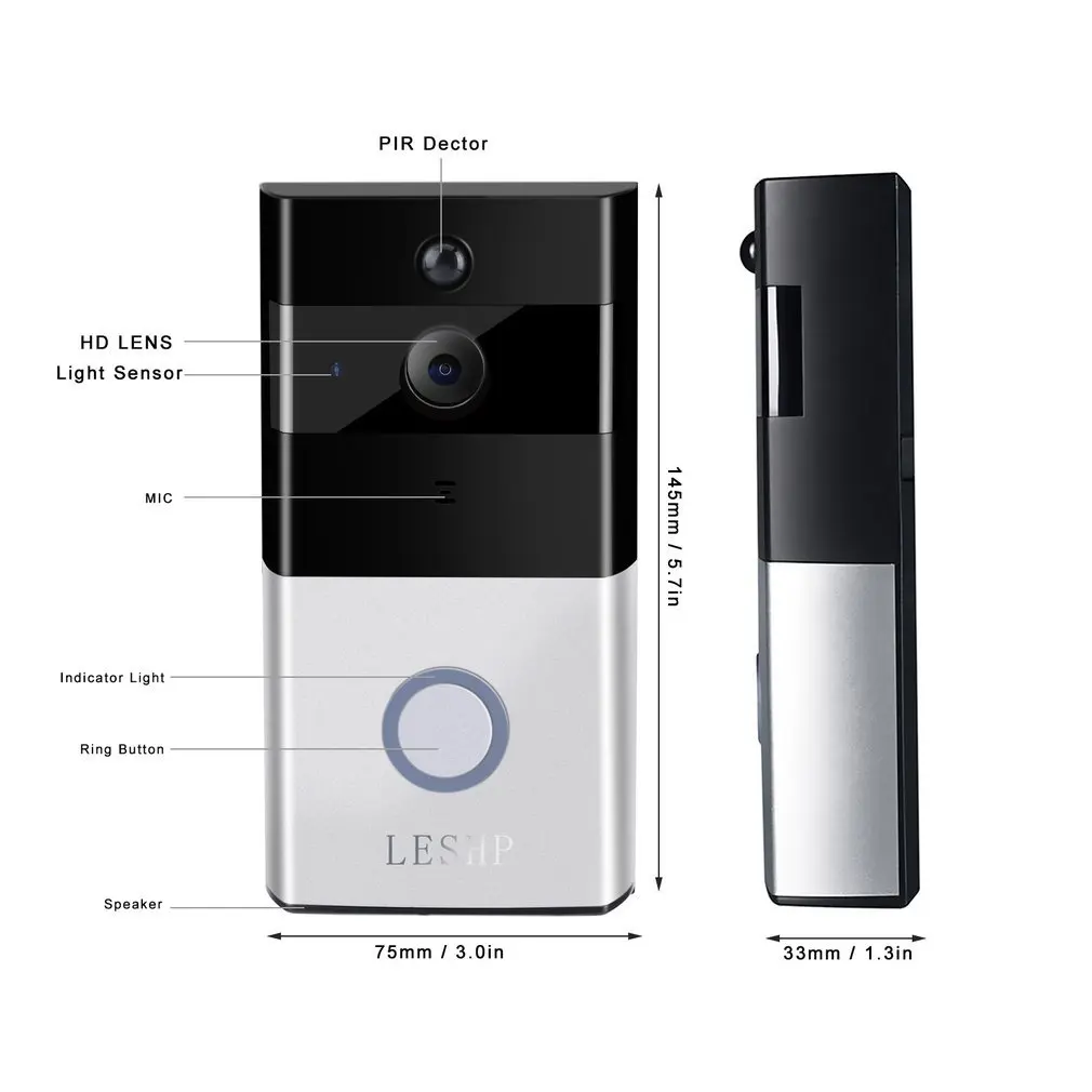 

LESHP 1080P Wireless WiFi Battery Ring Video Doorbell HD 2.4G Phone Remote PIR Motion Two-way Talk Home Alarm Security Clearance