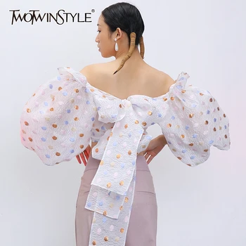 

TWOTWINSTYLE Sexy Patchwork Sequins Women Shirt Slash Neck Lantern Three Quarter Sleeve Short Tunic Slim Bow Blouse Female Tide