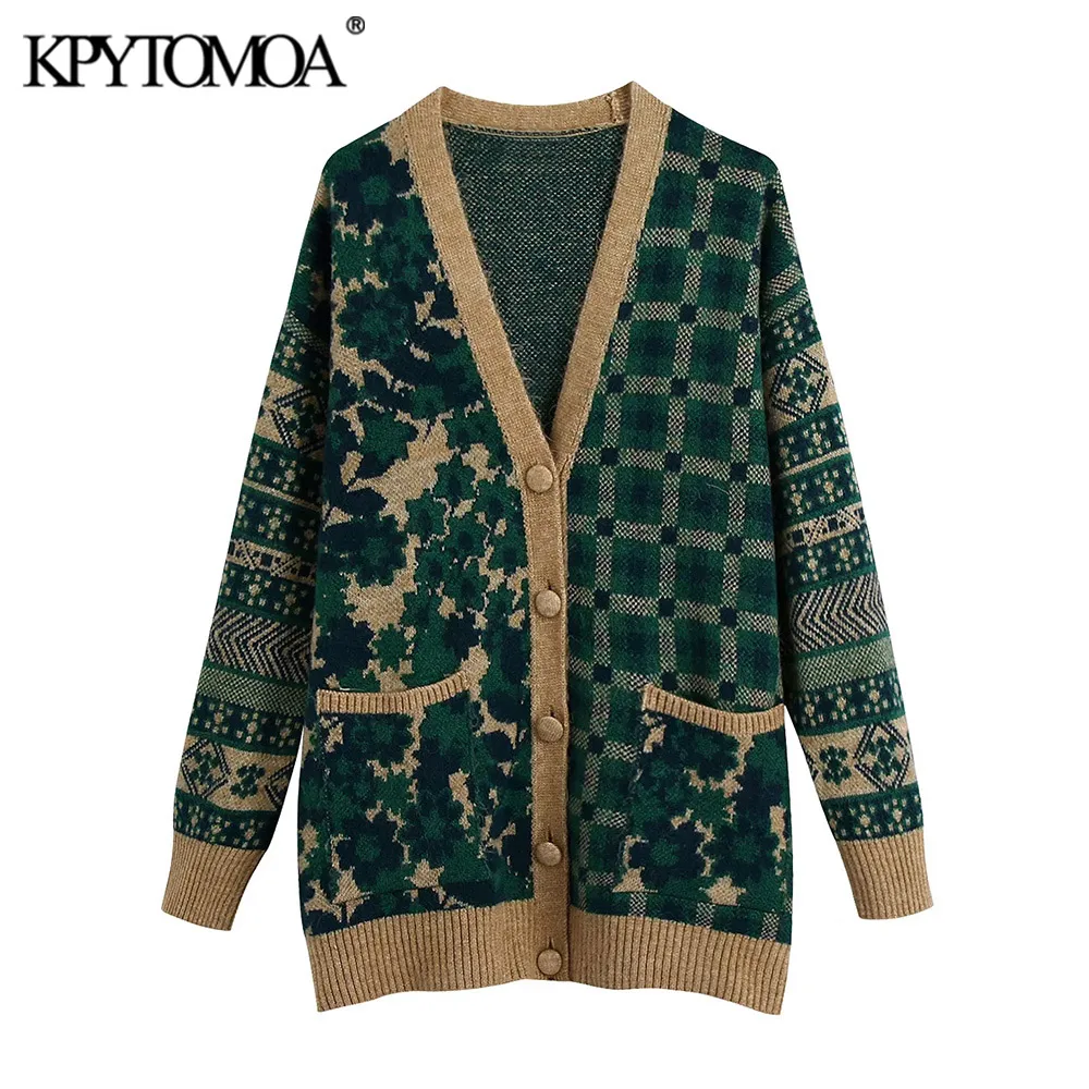 KPYTOMOA Women 2021 Fashion Loose Jacquard Knit Cardigan Sweater Vintage Long Sleeve Patch Pockets Female Outerwear Chic Tops |