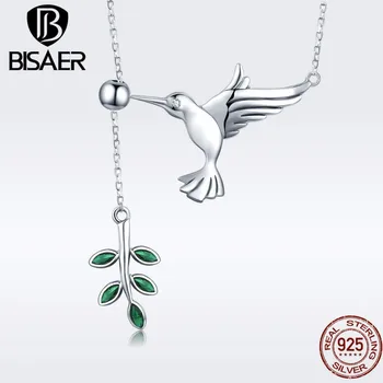 

BISAER Authentic 925 Sterling Silver Hummingbirds Greeting Tree Leaves Pendant Necklaces Sterling Silver Jewelry S925 GXN217