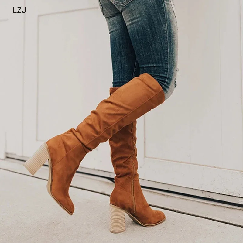 

LZJ New Women Boots Lace Up Sexy High Heels Women Shoes Lace Up Winter Knee-High Boots Warm Size 35-43 2019 Fashion Boots