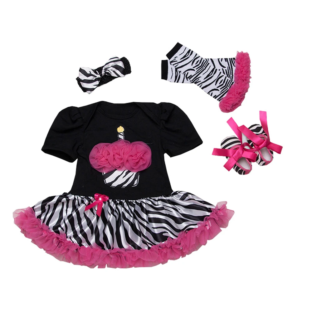 Baby Birthday Clothes Black Zebra Baby Girl Romper Headband & Shoes 4pcs Set Cupcake Tutu Birthday Roupas Newborn Girl Clothes