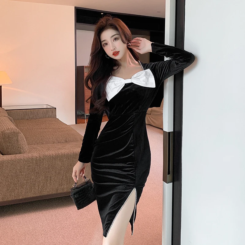 

New Korea Temperament Spring Dress Women's Bow Long-Sleeved French Square Neck Sweet Black Slit Velvet Dress Vestidos