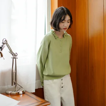 

Autumn New Sweet Ruffled Solid Color Sweater Preppy Style Lapel Long-sleeved Women Knit Pullover