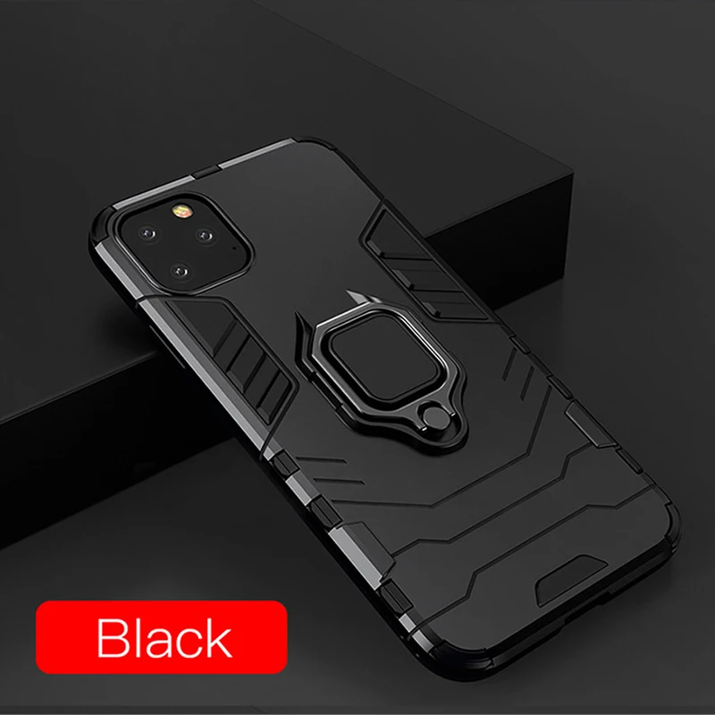 Black Роскошный чехол-броня противоударное кольцо держатель чехол для iphone 11 Pro Max 7 8 6 6s Plus X XR XS Max чехол магнитное кольцо кронштейн задняя крышка - Цвет: Black