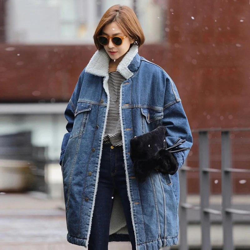 Осенне-зимняя женская куртка, новинка, женские шерстяные джинсовые пальто с подкладкой и 4 карманами, теплые парки, длинная верхняя одежда, джинсовая куртка V916