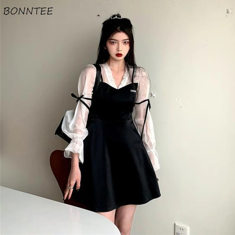 Dresses Women Fake Two Pieces V-neck French Style Sweet High-street Feminine Long Sleeve Ruched Retro Ulzznag Female Sundress sweater dress