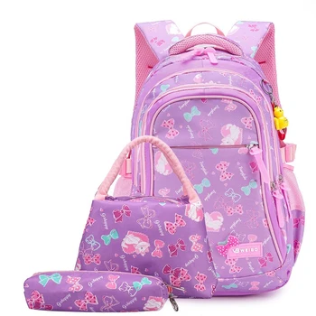 

New fashion Cartoon cat backpack female student student bag children's Bow backpack three-piece