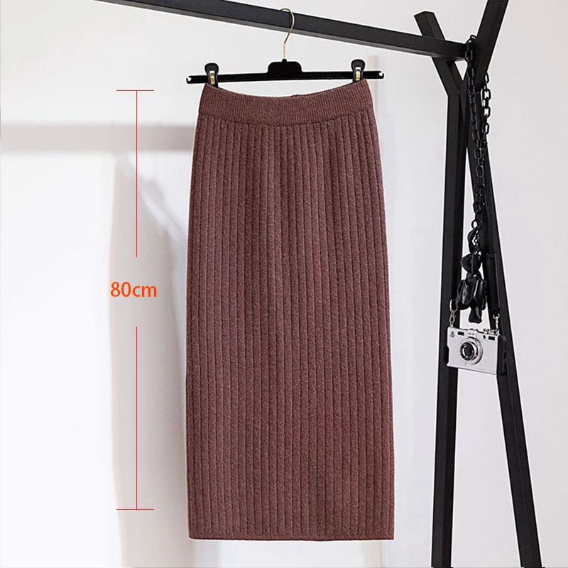 60-80 см эластичные женские юбки осень зима теплая трикотажная прямая юбка ребристая юбка средней длины черная