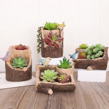 

Home Garden Office Desktop Decoration, Simulated Stump Birds Pot for Flower Succulent Plants (Not Included) N06