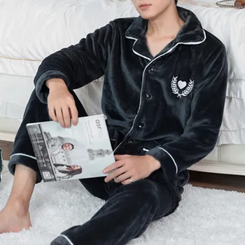 

Winter Thicken Warm Soft Pajamas Men Long Sleeve Sleepwear Pijama Couple Homme Nightwear Coral Fleece Elastic Waist Pyjamas