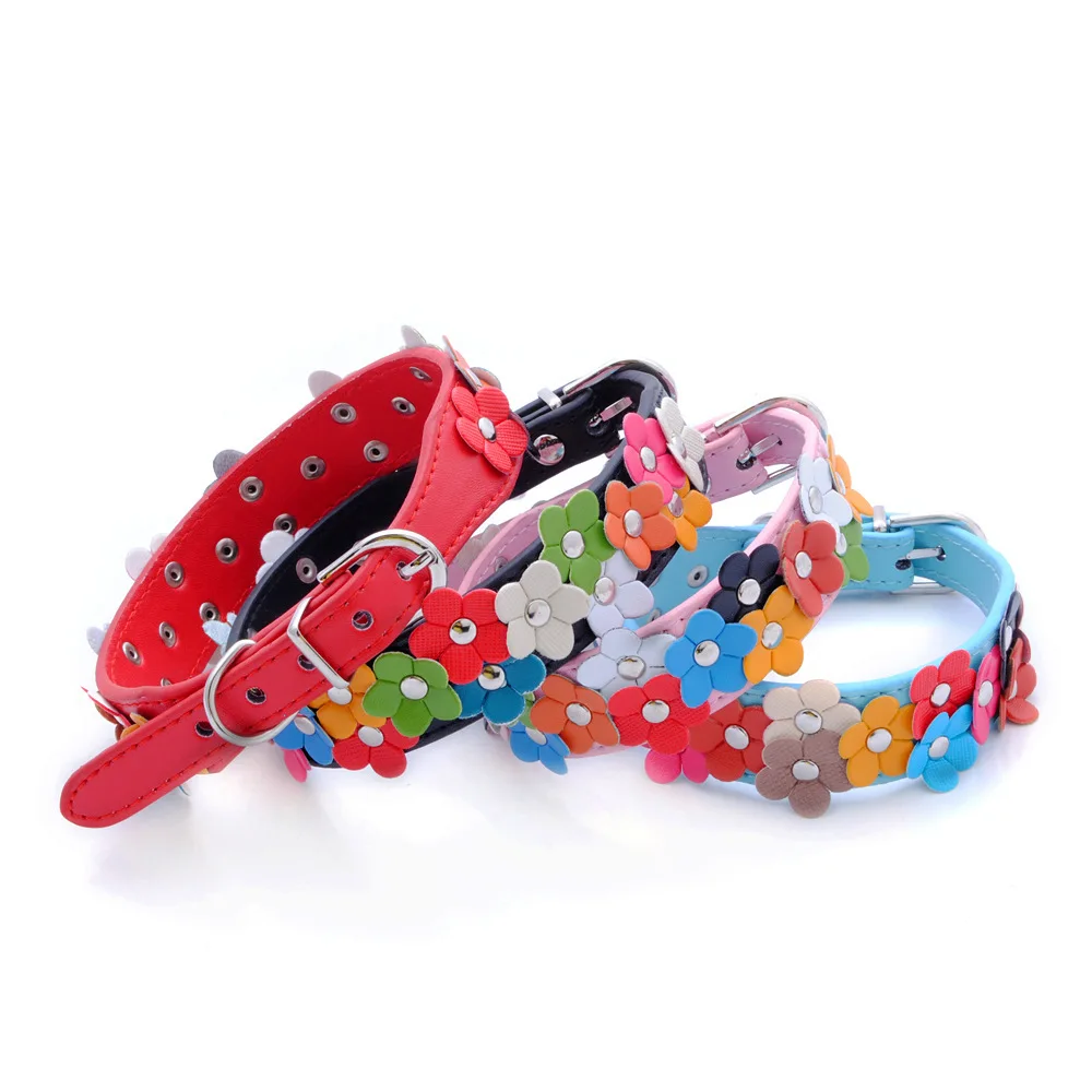 

Hot Sales Pu Colorful Double Row Flower Pet Collar Small Flower Neck Ring Dog Collar Leash Traction Manufacturers Currently Avai
