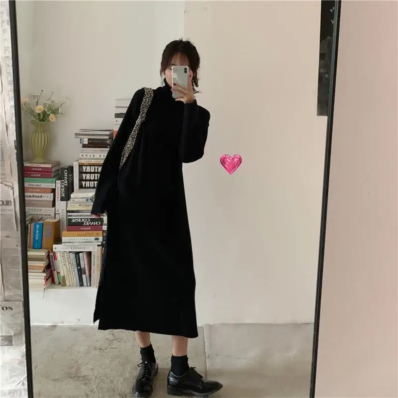 Long Sleeve Dress Women Solid Turtlenek Side Slit Midi Elegant All-match Korean Style Simple Winter Fashion Ins Stylish Vestido evening dresses