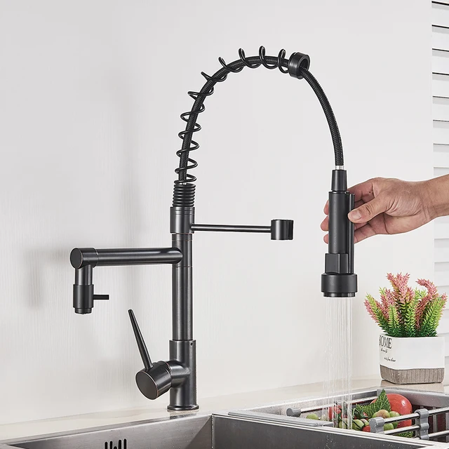 Rozin Black and Rose Golden Spring Pull Down Kitchen Sink Faucet Hot Cold Water Mixer Crane Rozin Black and Rose Golden Spring Pull Down Kitchen Sink Faucet Hot & Cold Water Mixer Crane Tap with Dual Spout Deck Mounted
