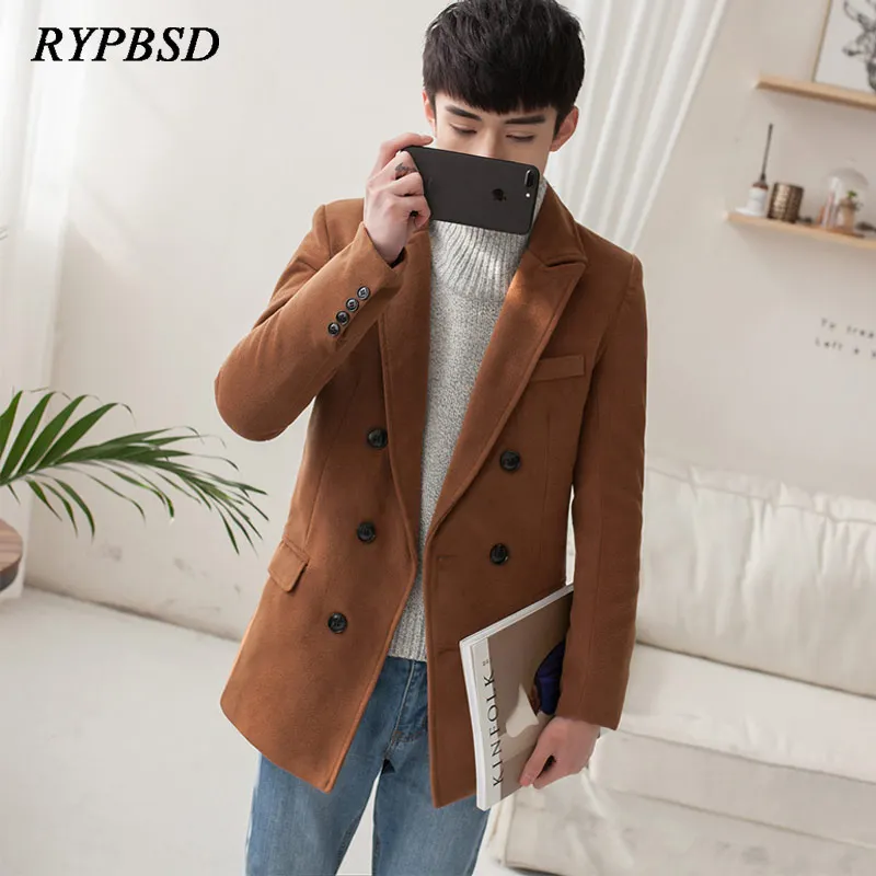 Men Winter Wool Double Breasted Coat Korean Fashion Warm Jacket Slim Fit Middle Long Blend Coat Men Solid Color Overcoat