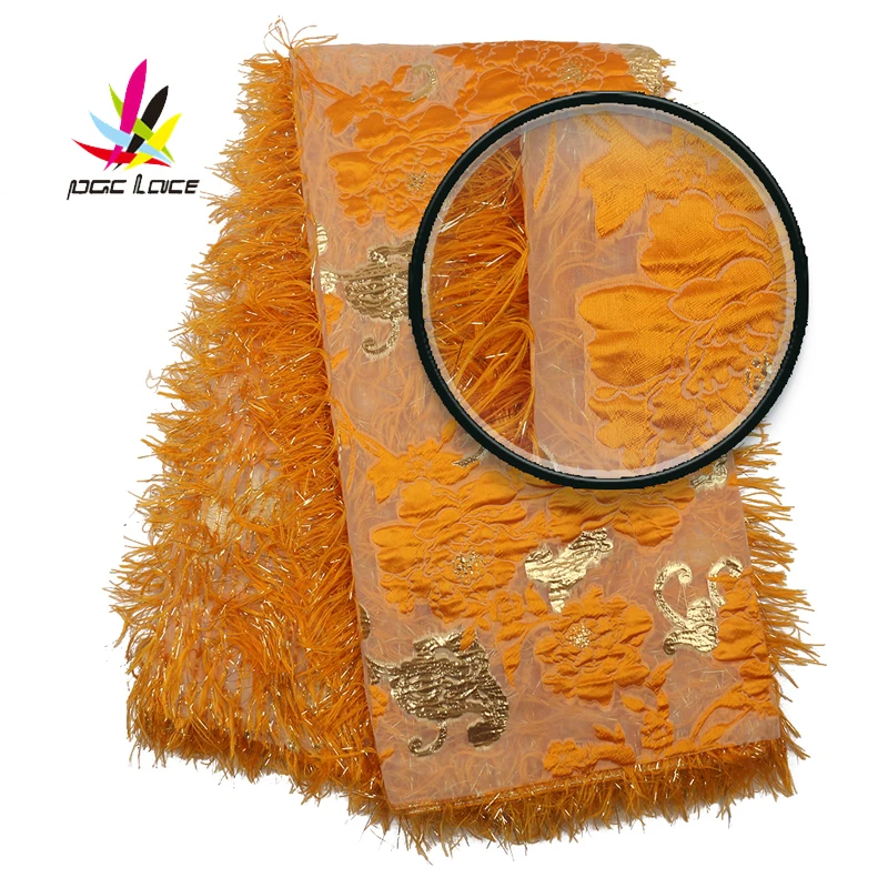 

Jacquard Embroidered Brocade Lace Fabric Orange Yellow Flower Elegant French African Nigerian Design 2020 Quality New Arrival