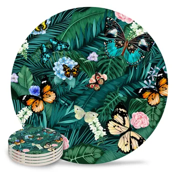 

Palm Leave Butterfly Tropical Plant Green Unique Ceramic Placemat Coaster Mats Pads Table Decoration Accessories Kitchen Tool