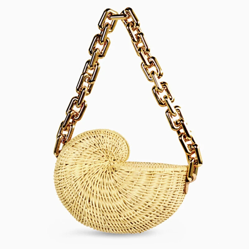 Fashion Thick Chains Rattan Conch Women Shoulder Bags Design Wicker Woven Handbags Luxury Summer Beach Straw Bag Bali Purse
