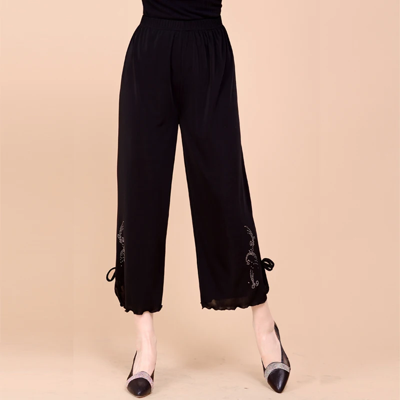 

2019 Summer Fashion Women Loose Elastic Waist Wide Leg Pants Female Casual Thin Trousers Capris Plus Size