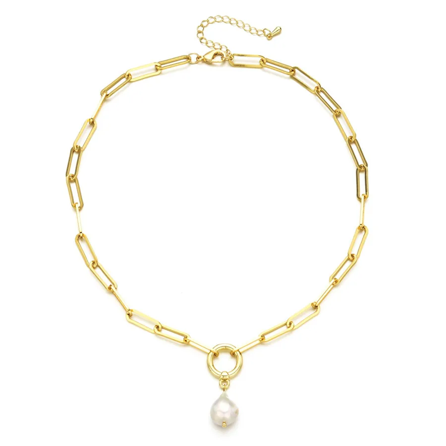 

2021 New European and American Women Retro Baroque Pearl Pendant Paper Clip Chain Necklace Women Sexy Elegant Party Necklace