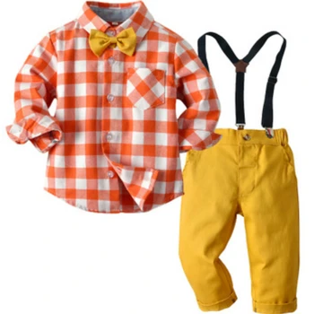 

Children's Clothing Autumn New European Pink Long-sleeved Brushed Plaid Shirt Bib Tide Boys Two-piece Suit Kids Costume