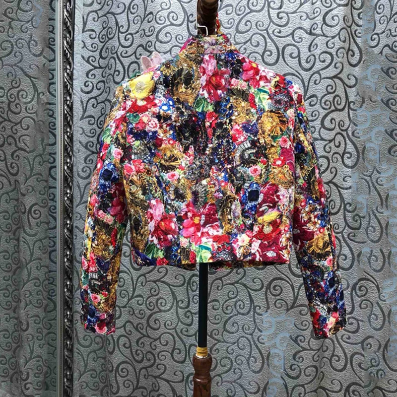 Kaufen SEQINYY Luxus Jacke 2020 Frühling Herbst Neue Mode Design Perlen Pailletten Kristall Bunte Blumen Druck Jacquard Top Frauen