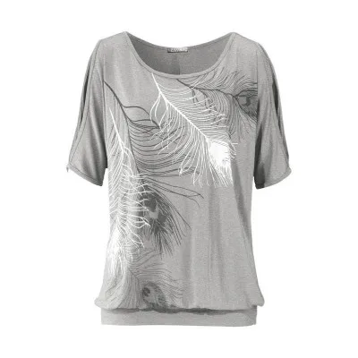 Женская футболка, новинка, Европейский Летний стиль, топы с рисунком перьев, без бретелек, короткий рукав, футболка, одежда vestidos LBD0910 - Цвет: T011gray
