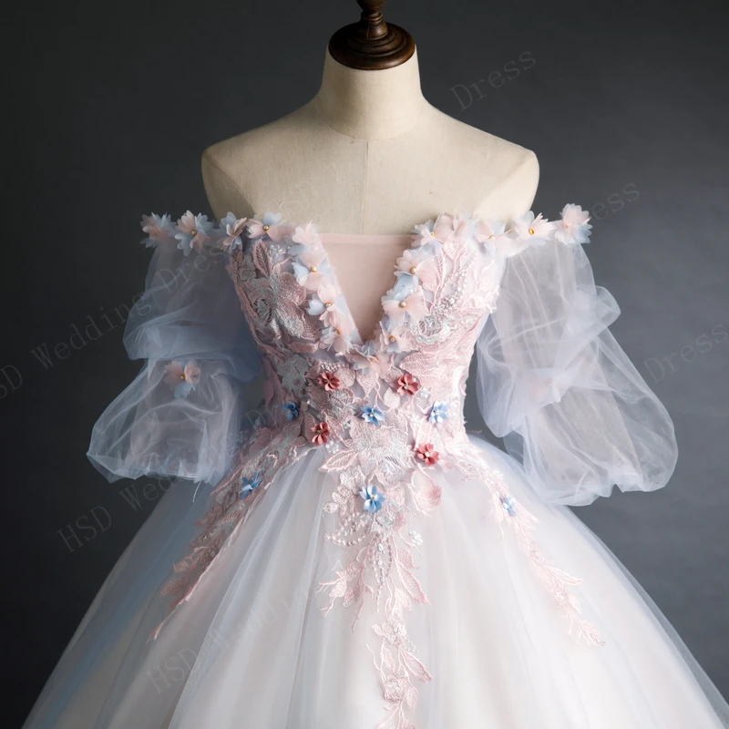 Real Video Off Shoulder Quinceanera Dresses Sleeve with Appliques Bead Formal Party Dress Puffy Ball Gown Vestido
