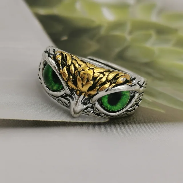 YADELAI Charming Fashion Owl Ring Vintage Man and Women Alloy Blue Eyes Owl Ring Versatile Argent  Adjustable Creativering Ring JZ-598 Green