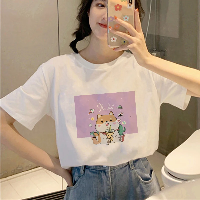

Showtly 2020 Corgi Pearl Milk Tea T Shirt Oversize Dog Women Graphic Tees Shirts Cartoon Tops Soft Fashion Tee Tops