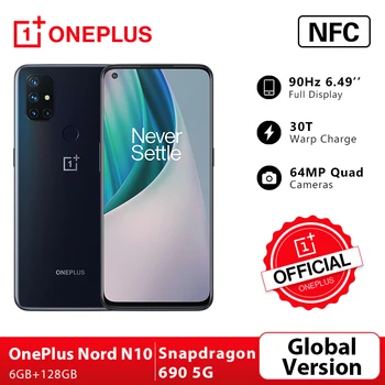 Перейти на Алиэкспресс и купить Глобальная версия OnePlus Nord N10 5G 6 ГБ 128 Snapdragon 690 смартфон 6,49 дюйм90 Гц Дисплей 64MP Quad камеры 30 Вт Warp зарядка NFC; промо код: LUCKY1500 P18000-1500
