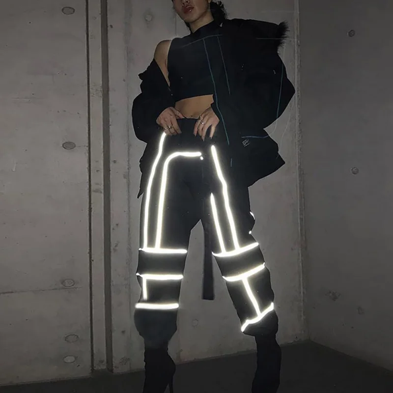 Женские брюки, хит, Ins, уличные, светоотражающие, сшитые, Комбинезоны для женщин, свободные, луч ноги, брюки, черные, Комбинезоны для женщин, осень