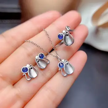 

New Coming Natural and Real Sapphire jewelry set Natural Real Sapphire 925 sterling silver 1pc pendant,1pc ring,2pcs Earring
