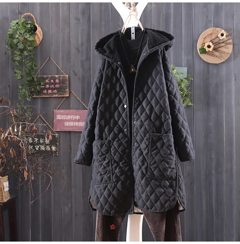 

Hooded Cotton-padded Clothes Literature And Art Retro Diamond Lattice Thick Quilted Cotton Coat Mori Girl Line Loose-Fit Explici