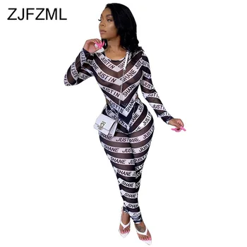 

Transparent Mesh Striped Patchwork 2 Piece Sets Club Outfit Women O-Neck Long Sleeve T-Shirt + Skinny Trousers Ladies Tracksuits