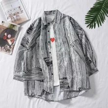 Vintage Wood Print Blouse Man Women Long Sleeve Loose Shirt Top Single Breasted Turn Down Collar 2020 Summer Retro Tops