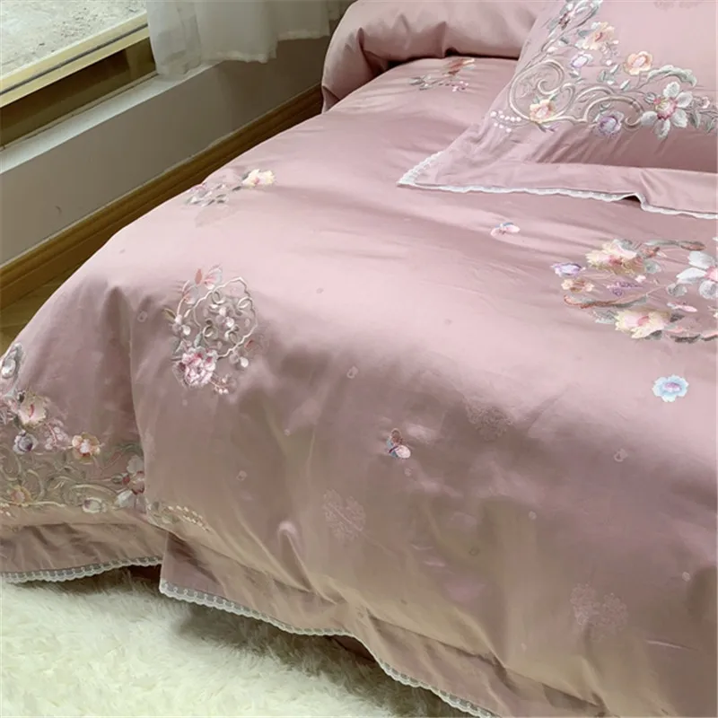 4/7pcs 800TC Egyptian cotton pink flowers embroidery Bedding Set Duvet Cover set Pillowcase comforter bedclothes bed linen
