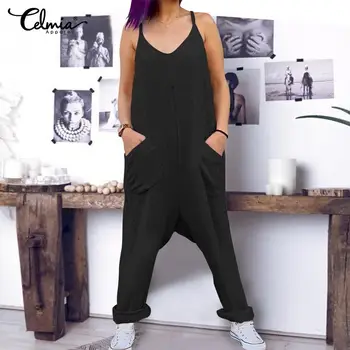 

Plus Size Overalls Celmia Women Vintage Drop-Crotch Jumpsuits 2019 Summer Sleeveless Rompers Cotton Linen Playsuits Casual Pants