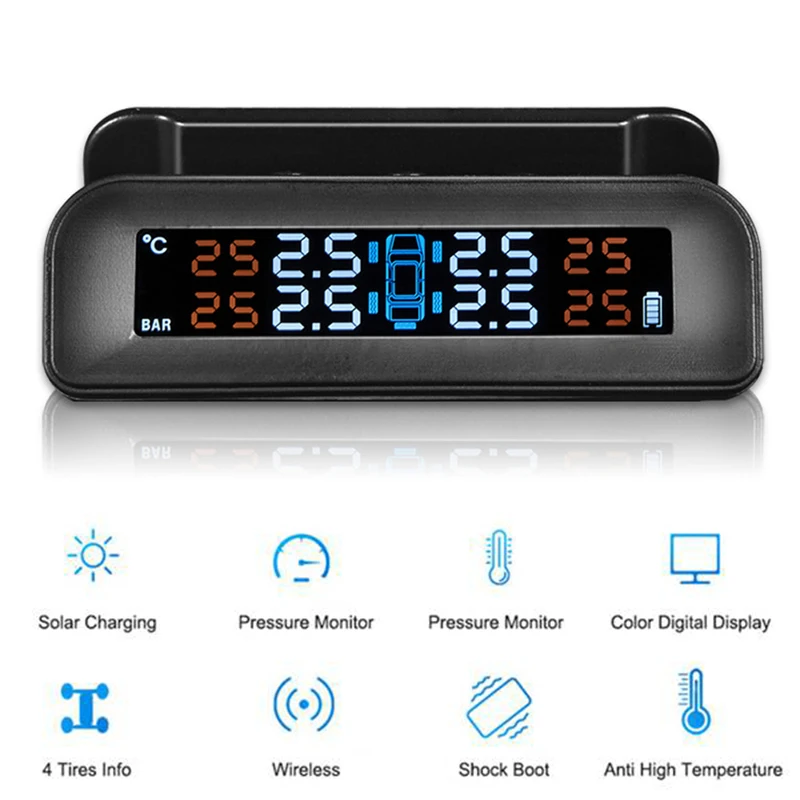 Автомобильный Солнечный TPMS автомобильный монитор давления в шинах беспроводной 4 внешних датчика цветной цифровой экран