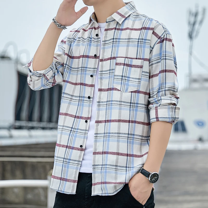 Männer Kariertes Hemd Flanell Langarm Streifen Shirts Straße Tasche Japan Baumwolle Lose Slim Fit Männlichen Beiläufigen Weichen Smoking Formale hemd – Detail 16