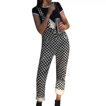 

Dihope Summer Women Casual Loose Street Straight Wide Pants Plaid Bib Overalls Denim with Suspenders Jumpsuit Checkered Pants