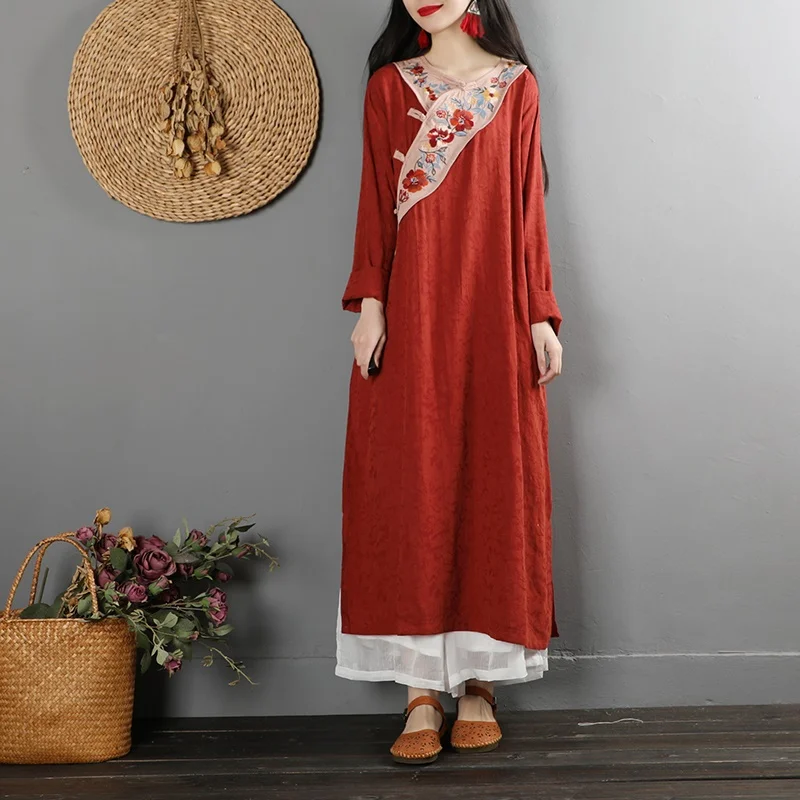 Retro Dress Stand Collar Long Sleeve Loose Casual Robe Vintage Femme Chinese Style Cheongsam Cotton Linen Women Dresses TA2092