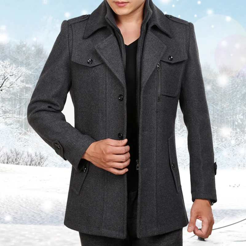 New Fashion Men Middle Long Scarf Collar Cotton-padded Winter Thick Warm Woolen Jacket Coat Male Trench Coat Overcoat