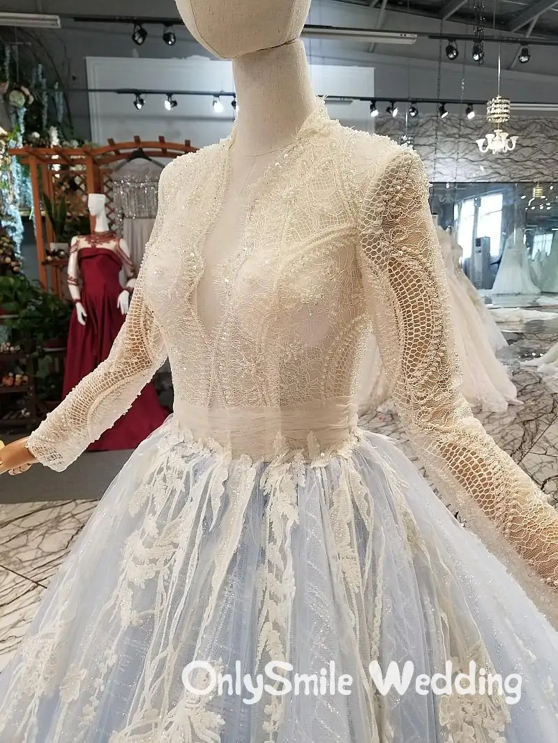 Небесно-Голубой Vestido De Noiva Sereia свадебное платье бальное платье с длинным рукавом большой поезд Кружевные, цветы, жемчуг бисером роскошное свадебное платье